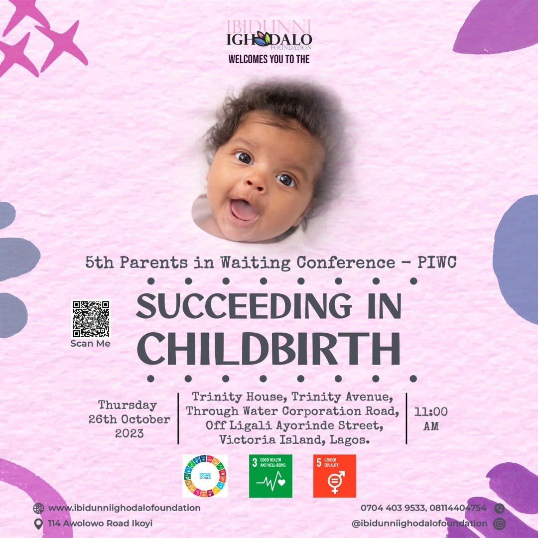 Promotional image for the Succeeding in Childbirth Conference by Ibidunni Ighodalo Foundation, featuring a smiling baby and event details.