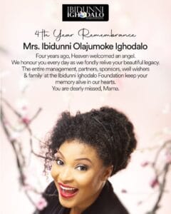 4th year remembrance image for Mrs. Ibidunni Olajumoke Ighodalo, honoring her legacy with heartfelt tribute from the foundation.